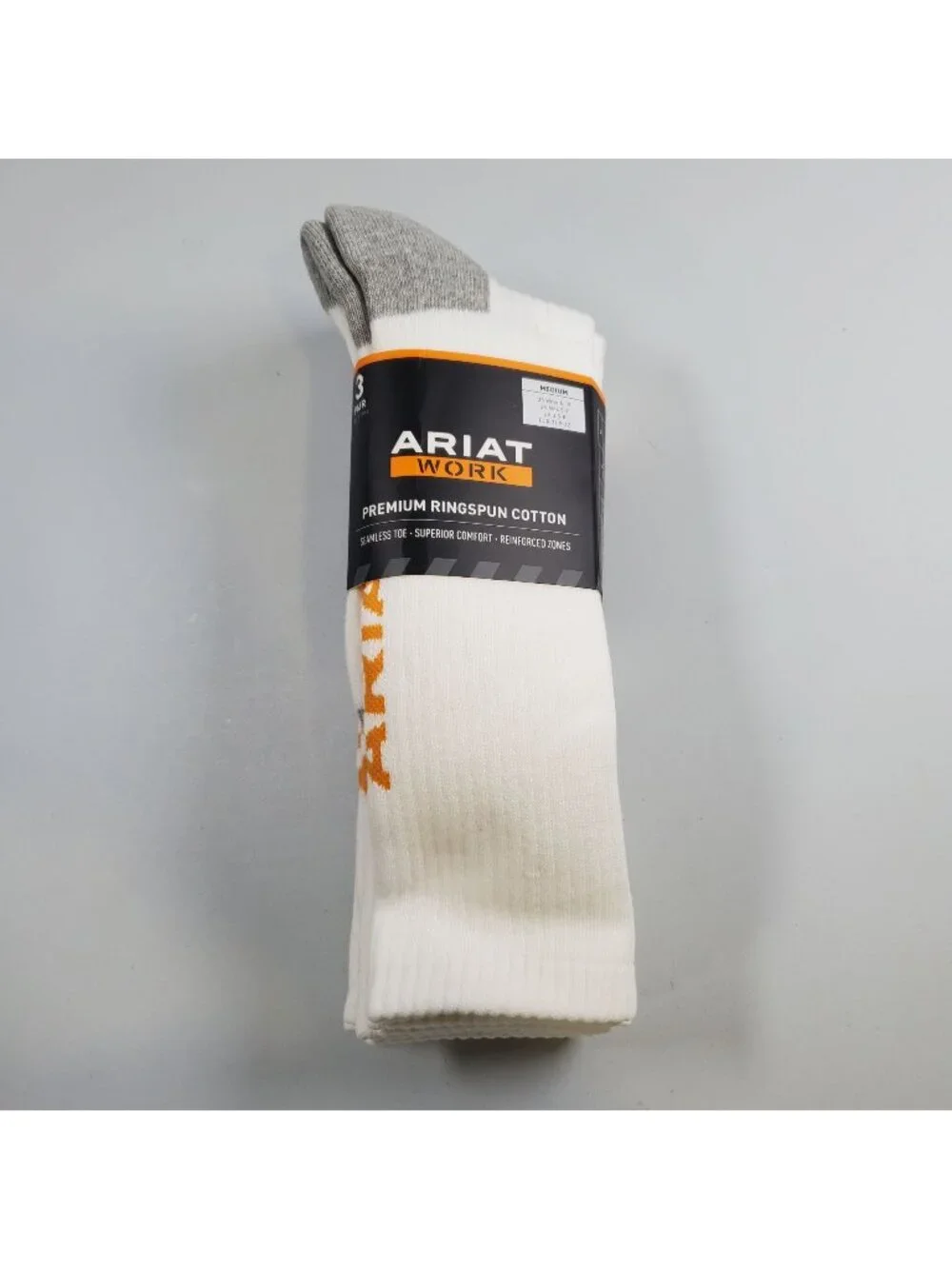 ARIAT 3 Pack White Work Premium Ringspun Cotton Socks Men Size Medium NWT
